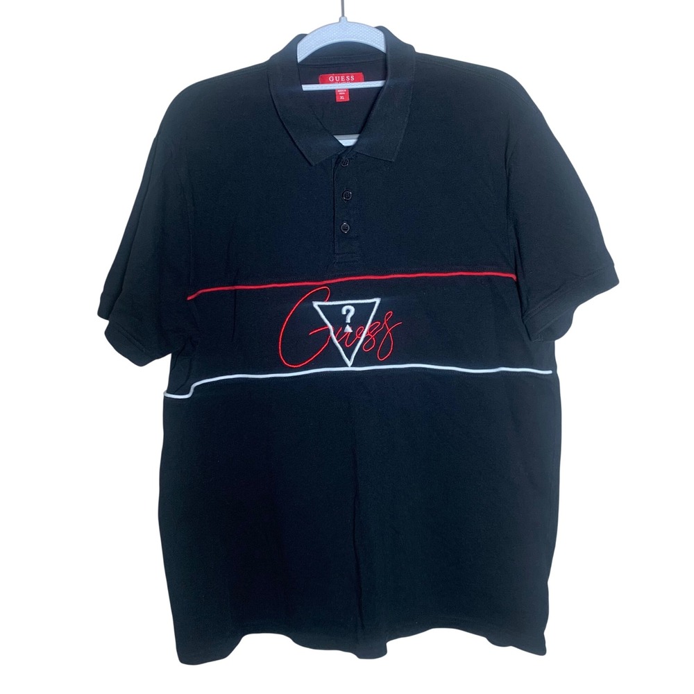 Guess Polo‎ Shirt Mens XL Black Excellent Embroidered Logo Short Sleeve T3RP33